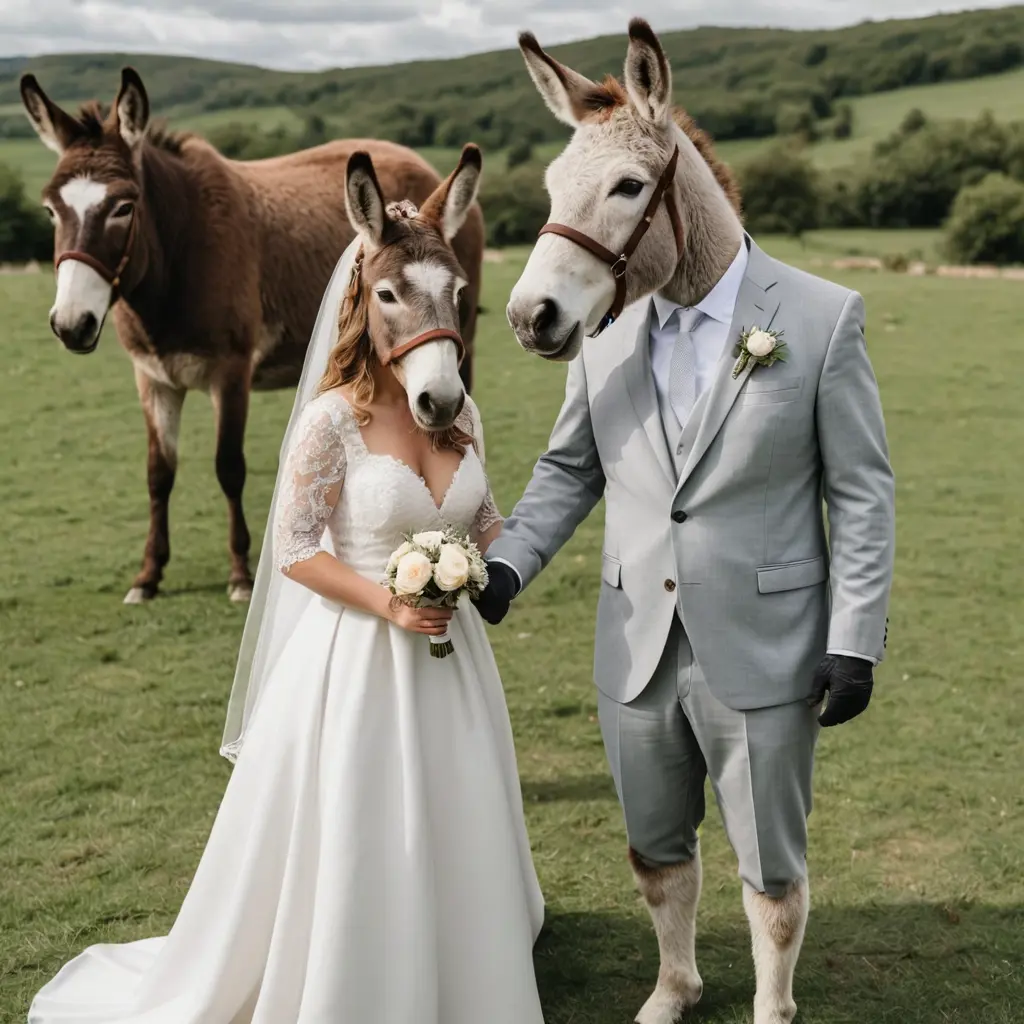 حفل زفاف حمار يرتدي بدلة أنيقة وبقرة ترتدي ثوب زفاف أبيض