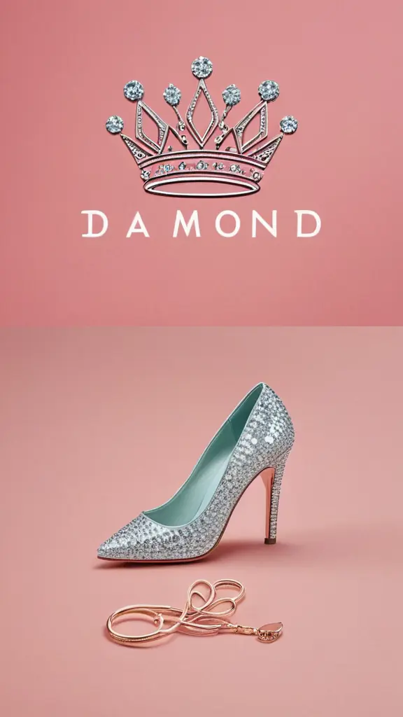 شعار شركة أحذية أسمها DIAMOND ألماسة ويدمج معها حذاء نسائي وفوق الألماسة تاج بسيط وفي منتصف الصورة يكتب DIAMOND وتكون الخلفية ألوان زهاية ولطيفة
