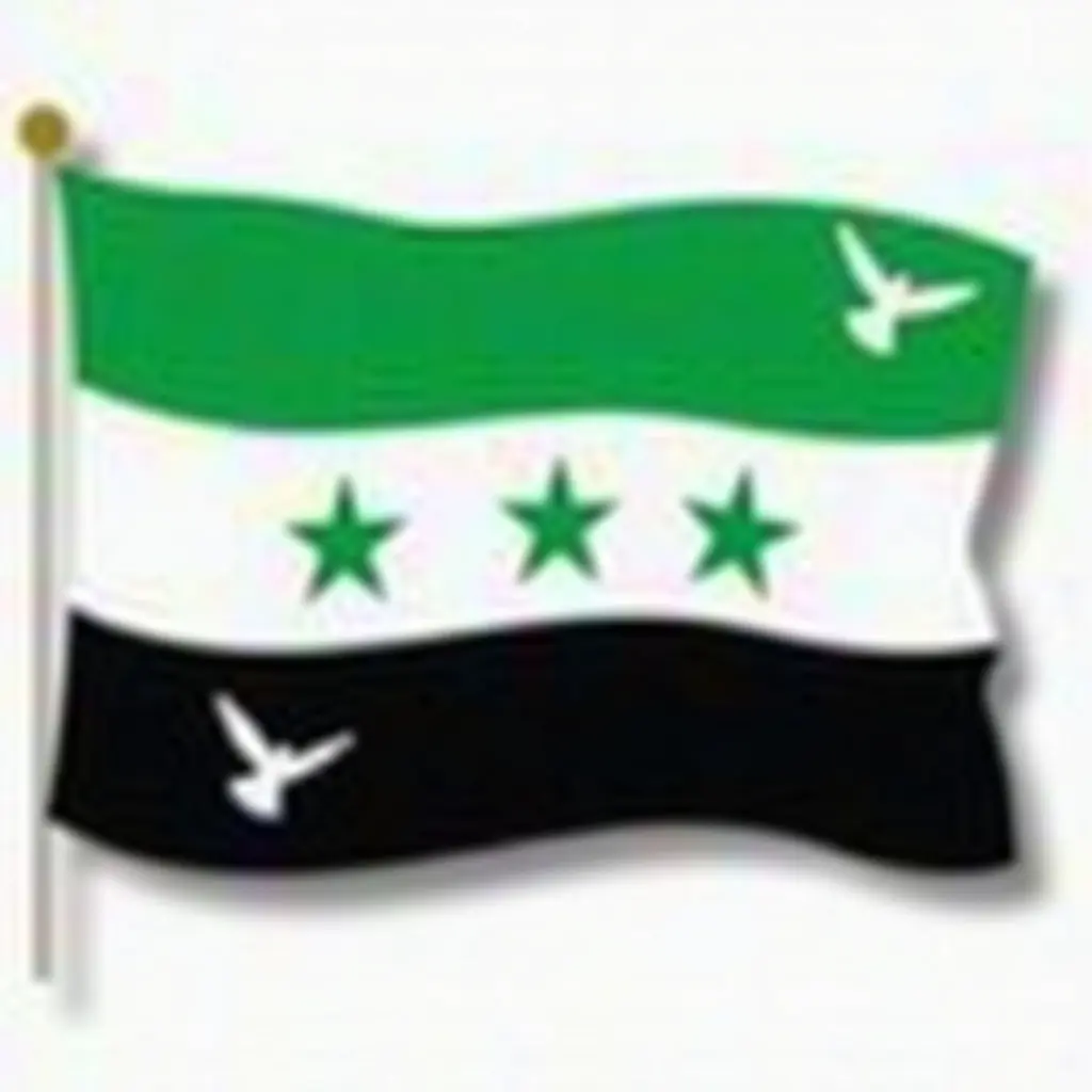 علم سوريا بالون الاخضر من فوق و الاسود من الاسفل و في المنتصف لون ابيض عليه ثلاثه نجوم سوداء في الصباح و هناك حمامات بيضاء تطير بين العلم السوري