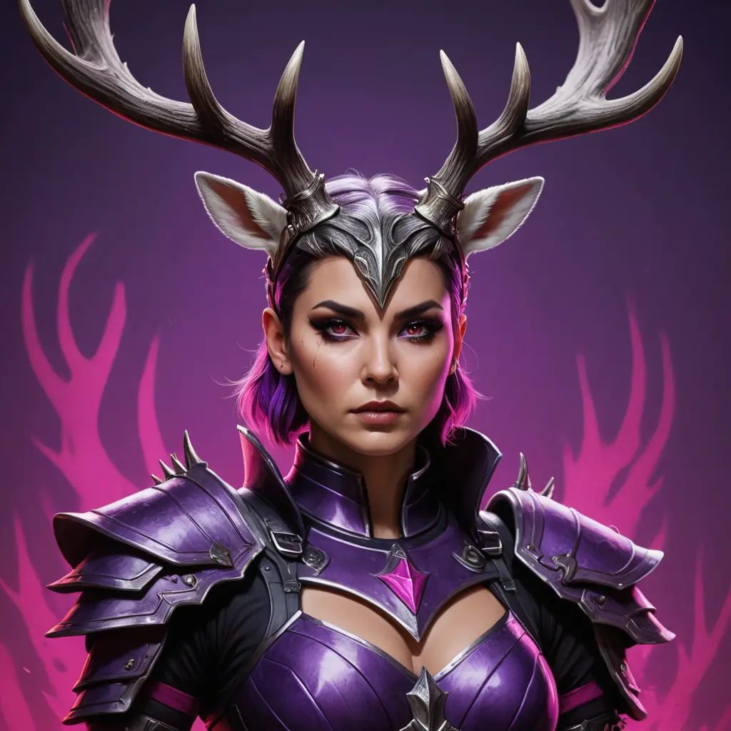 fierce Jackalope woman with antlers short hair and wearing armor in purple black and fuchsia colors with a background in horror art style