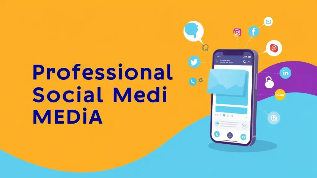 Design a clean, eye-catching image (1700x970 pixels) to represent a service offered on the Khamsat platform. The service is "Professional Social Media Design." Include visual elements like social media icons (Facebook, Instagram, Twitter), a smartphone or screen showing a modern post, and use appealing colors like blue, orange, or purple. Add stylish Arabic text that says: "تصميم سوشيال ميديا احترافي على خمسات". The design should be simple, modern, and grab attention