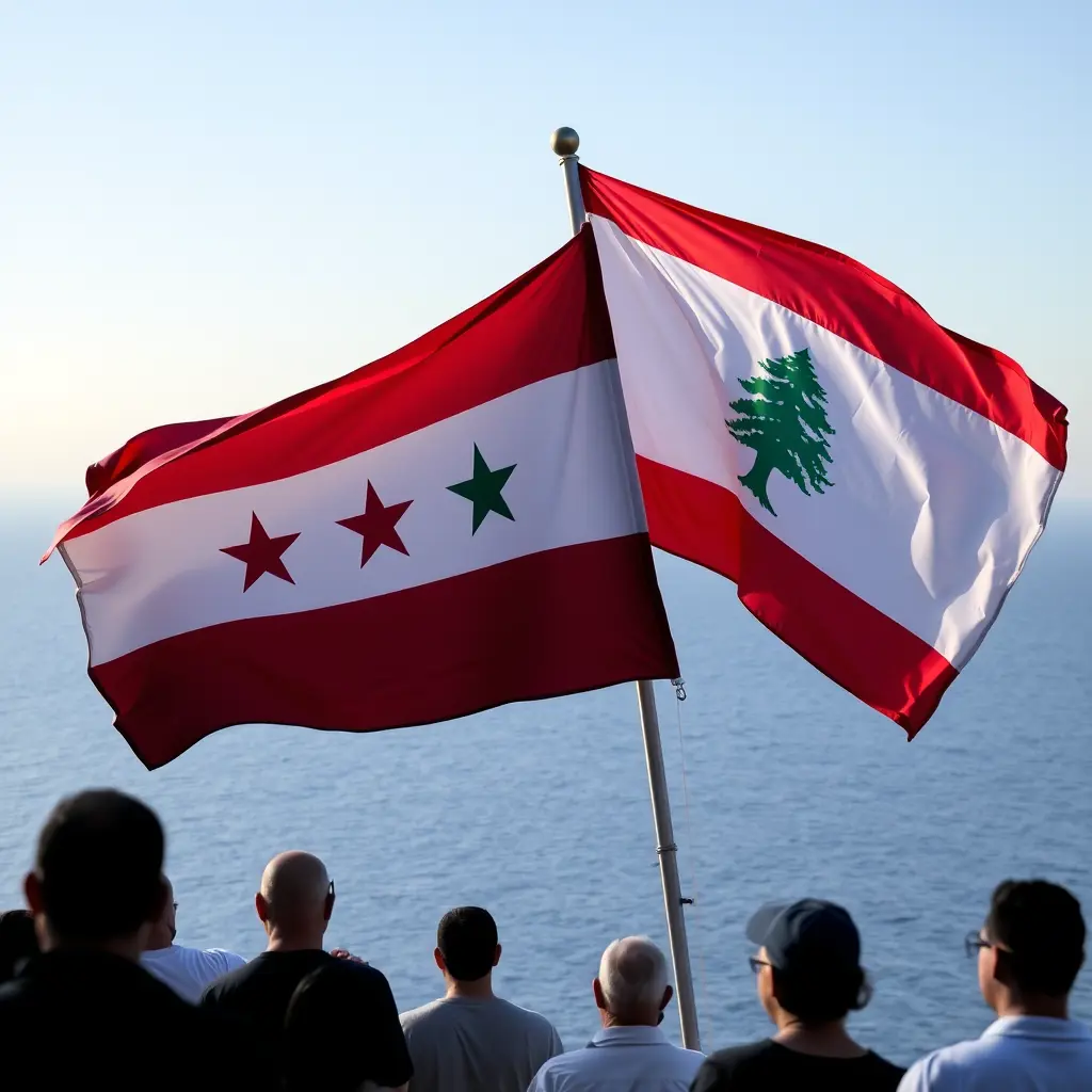 علم سوريا الجديد علم الثوره السوريه وعلم لبنان على بنايه عاليه جنب بعضهم يرفرفان وناس من الأسفل تنظر إليهما وأمامهما بحر