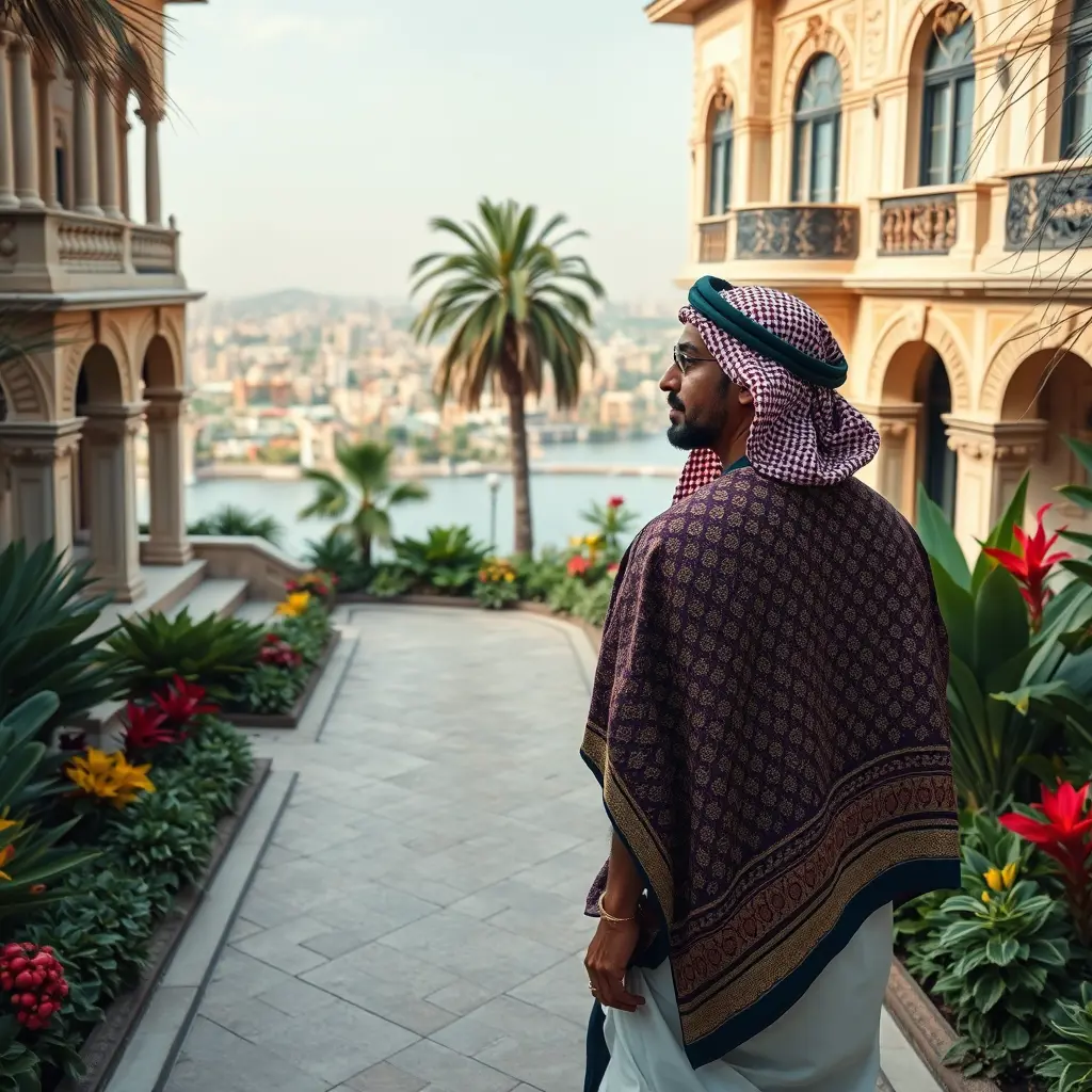 رجل يرتدي ملابس مصرية تقليدية، بما في ذلك الكندورة والجلابية المنسوجة، يتجول في منطقة راقية بالقاهرة. ينظر بدهشة إلى المنازل المزخرفة ذات النقوش المعقدة، والحدائق الغنّاء المليئة بالنباتات الغريبة، والمناظر الطبيعية لنهر النيل في الخلفية. تتحرك الكاميرا ببطء لالتقاط تعبير وجهه المهيب وألوان البيئة المحيطة النابضة بالحياة. بأسلوب تصوير سينمائي، بتركيبات غنية وتركيز حاد على الرجل والخلفية المهيبة.