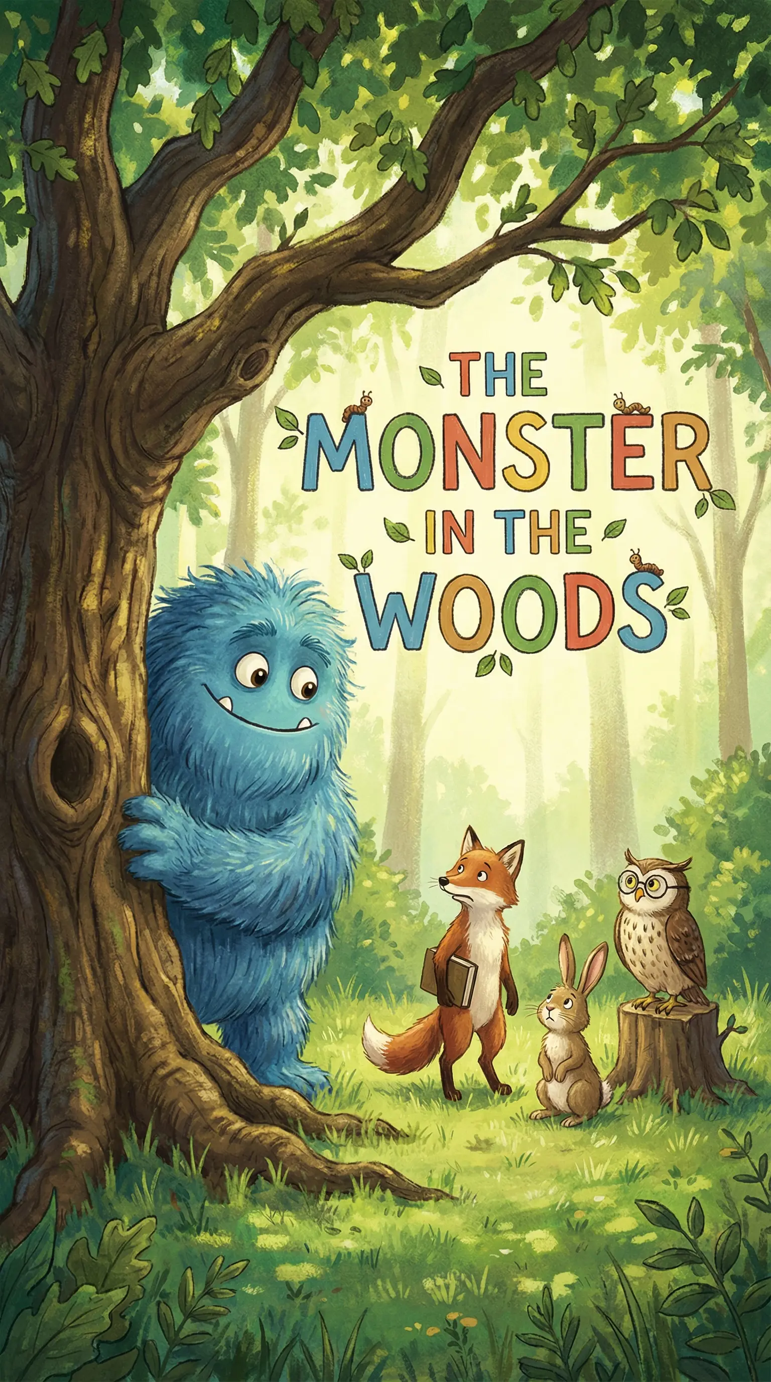 (Image Description): The cover shows a vibrant, sun-dappled forest. A large, fuzzy, blue monster with big, curious eyes and a friendly smile peeks from behind a giant oak tree. In a clearing, various animals like a clever-looking fox, a cheerful rabbit, and a wise owl are gathered, looking slightly puzzled but not scared. The title is written in playful, colorful letters, with leaves and tiny caterpillars crawling on them.