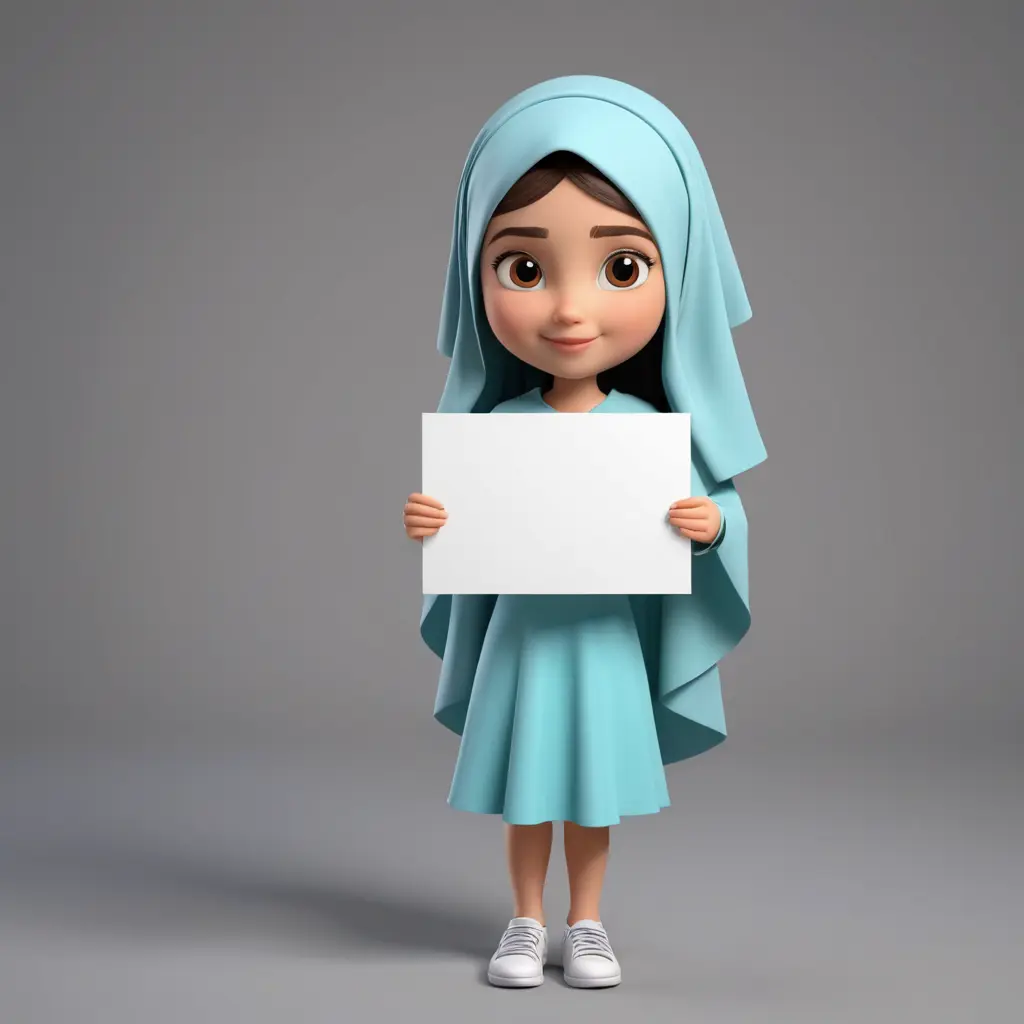 صورة لفتاة صغيرة محجبة بالكامل تحمل لافتة بيدها, رسم 3D بشكل كرتوني