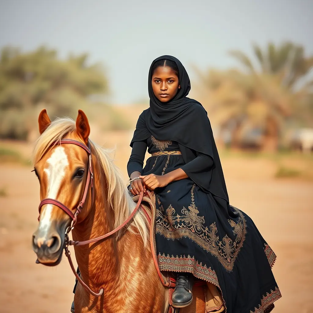 ملامح بنت سودانيه وراكبه على حصان ولابسه فستان اسود
