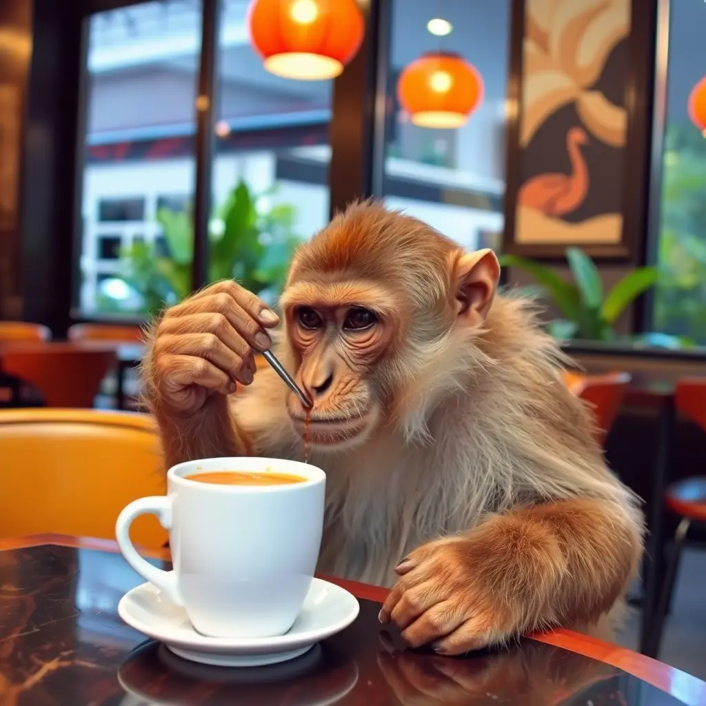 صورة الى قرد وهو يشرب القهوه في مطعم