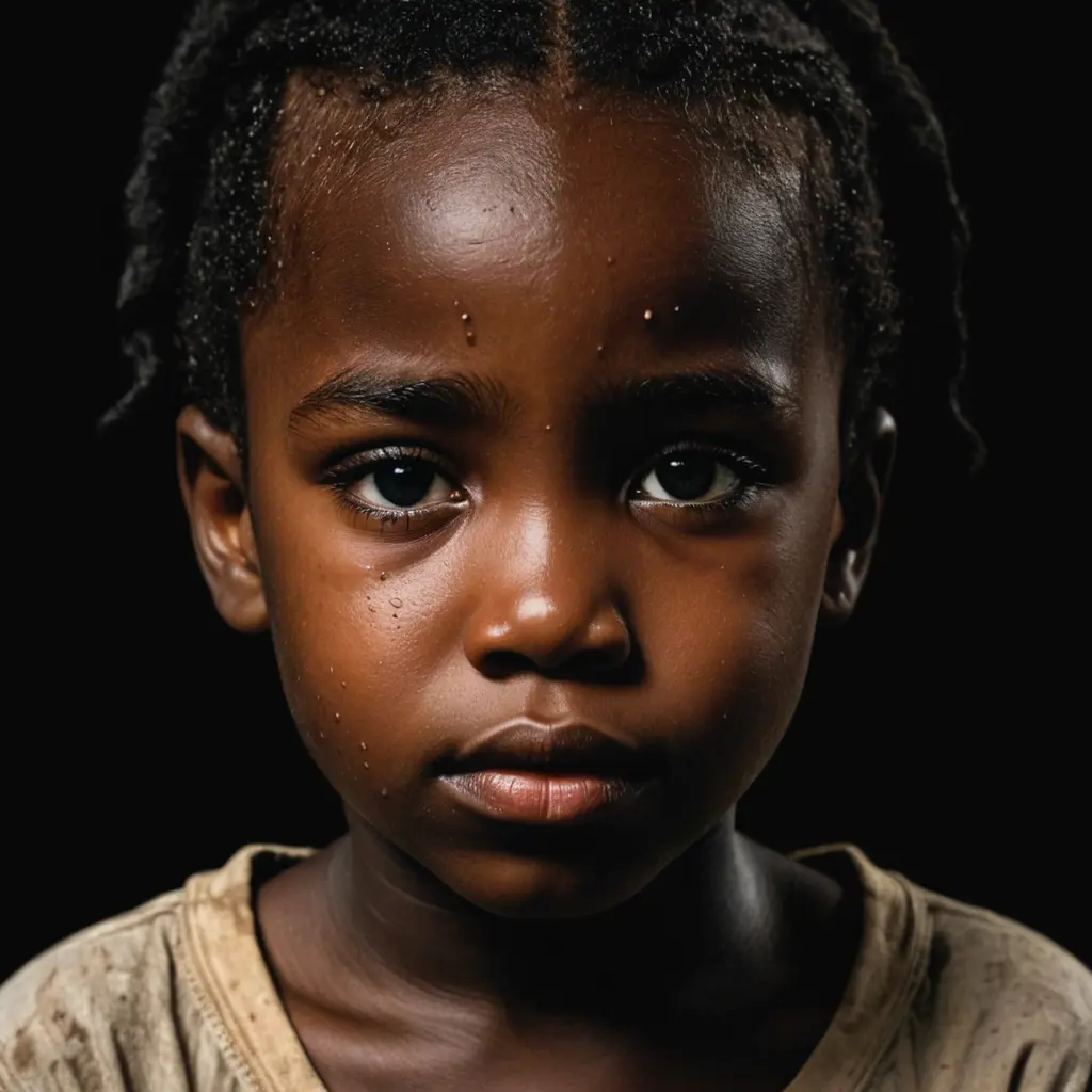 دموع مترقرقة من طفل إفريقي أسود البشرة وخلفية سوداء بوستر فيلم حزين