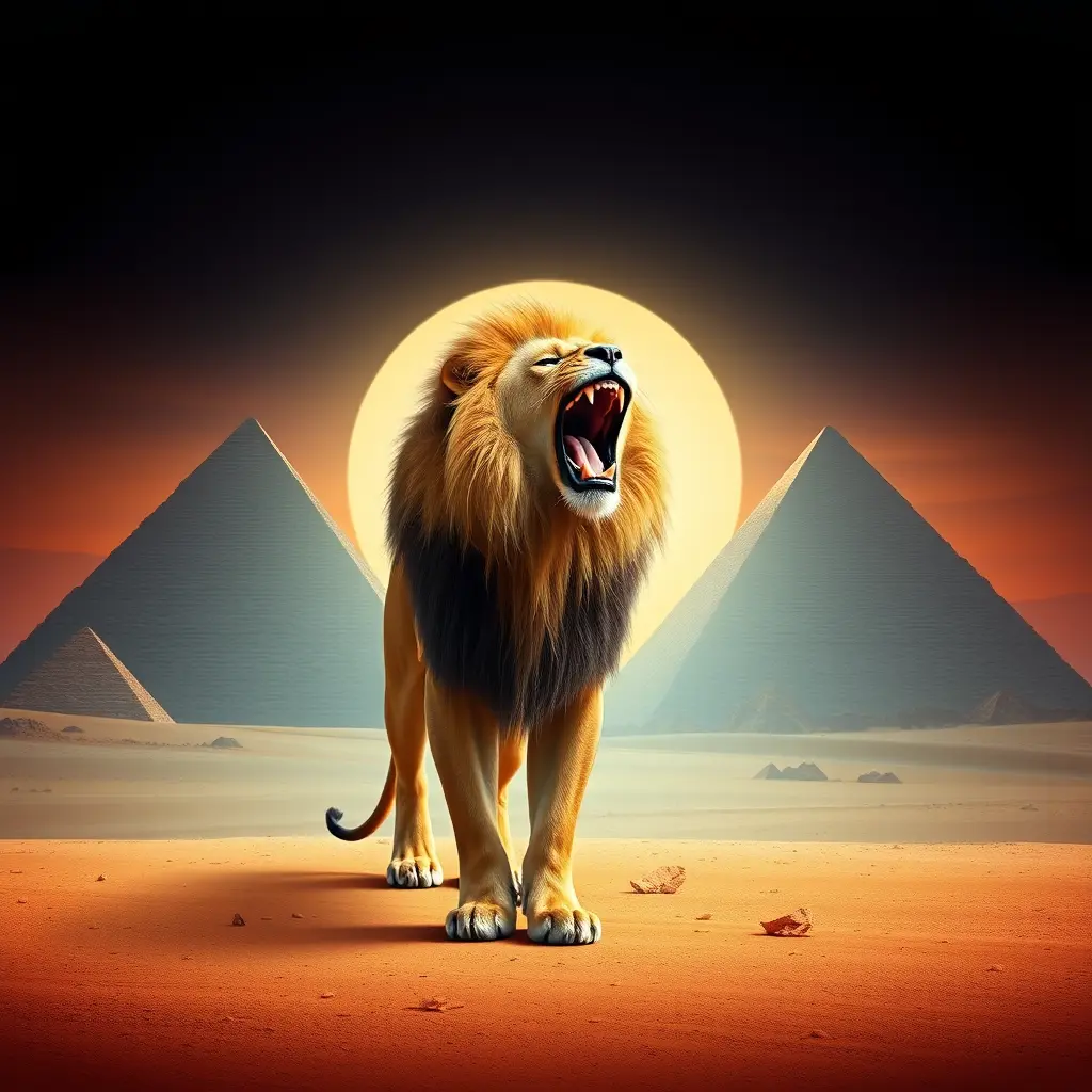 تصميم قالب حملة تكبيس تيك توك خلفية اسد بحجم متوسط واقف أمام الاهرامات على أرض تربة و يزئر