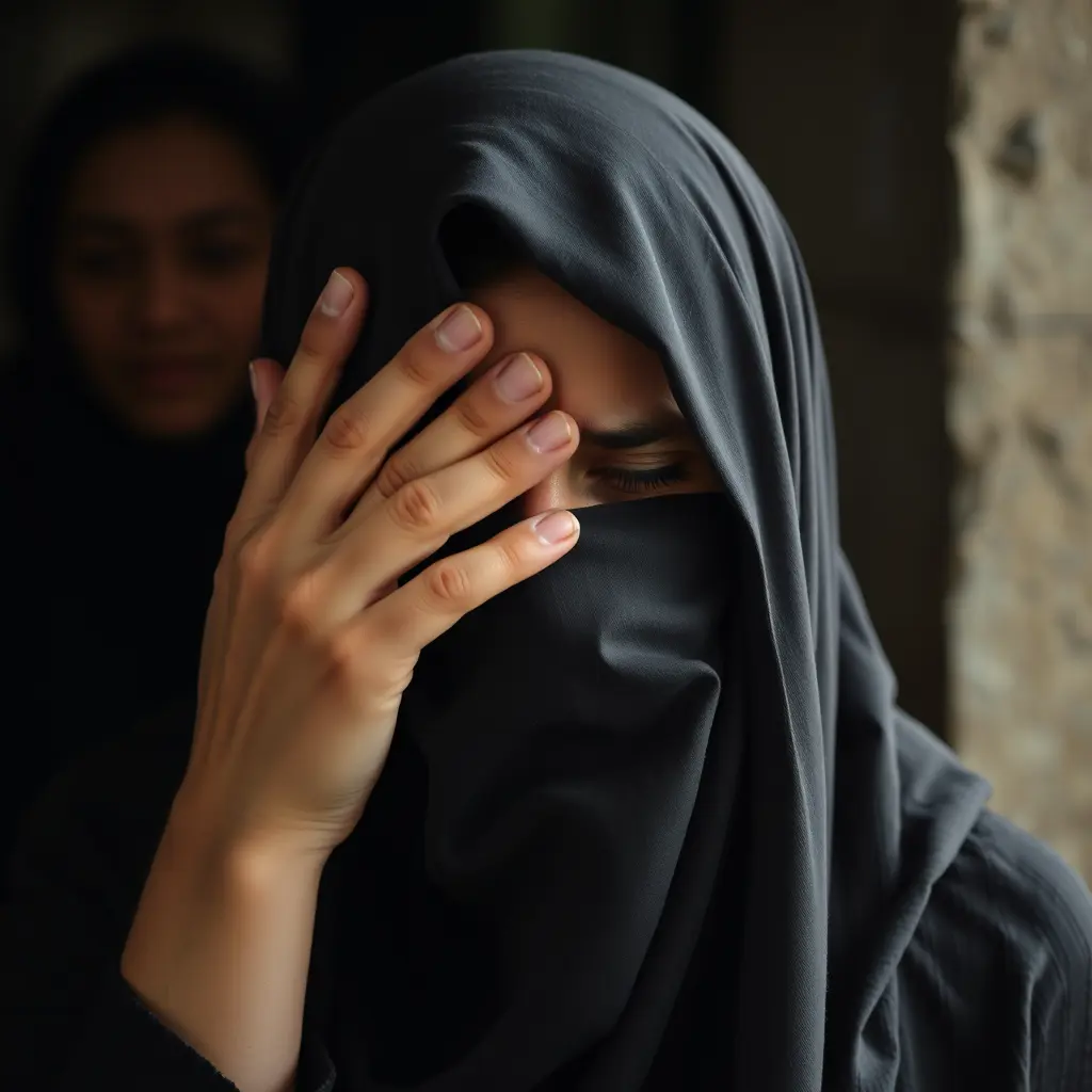 صورة امرأة محجبة تبكي بشدة وتضع يدها تحفي وجهها من العار