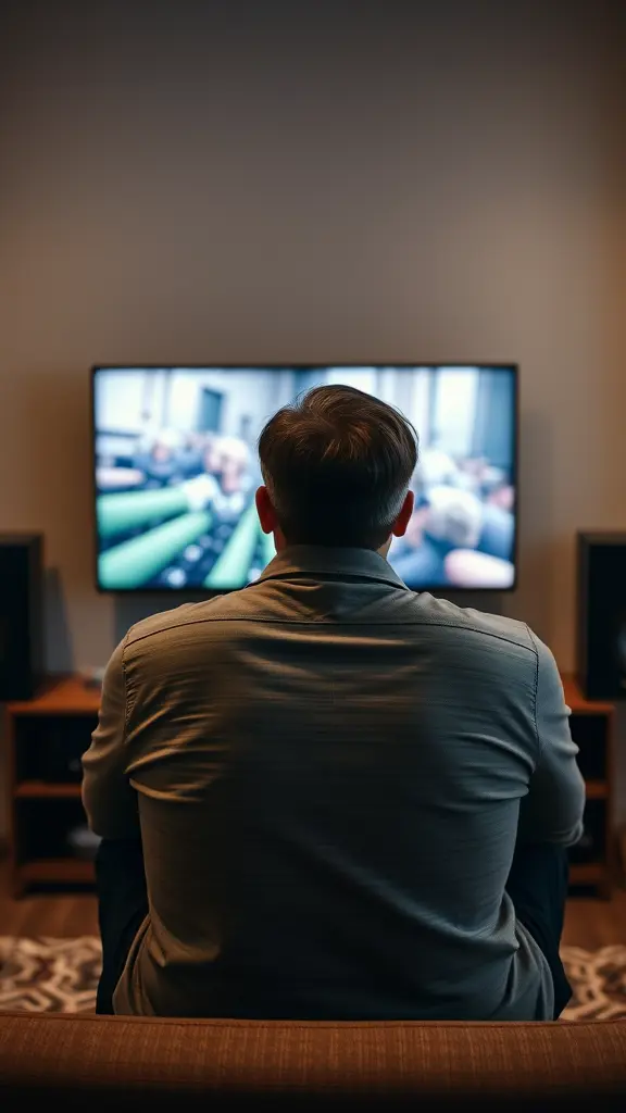 صمم صورة رجل يجلس يشاهد التلفاز وتضهر الشاشة بشكل كامل دون تغطه شاشه مع الشخص وتصوير شخص من الخلف ومن بعيد