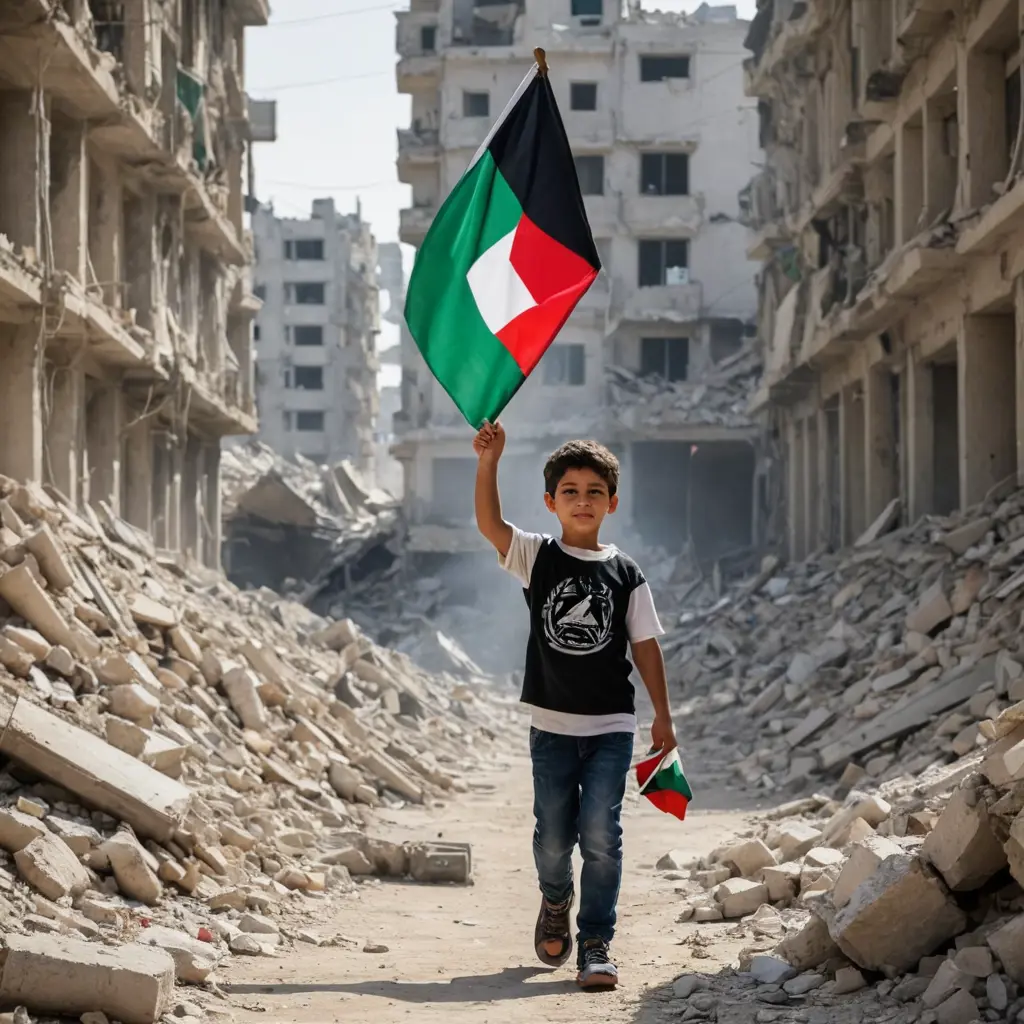 طفل يحمل علم فلسطين وتحته اكوام من المباني المهدومه وصواريخ