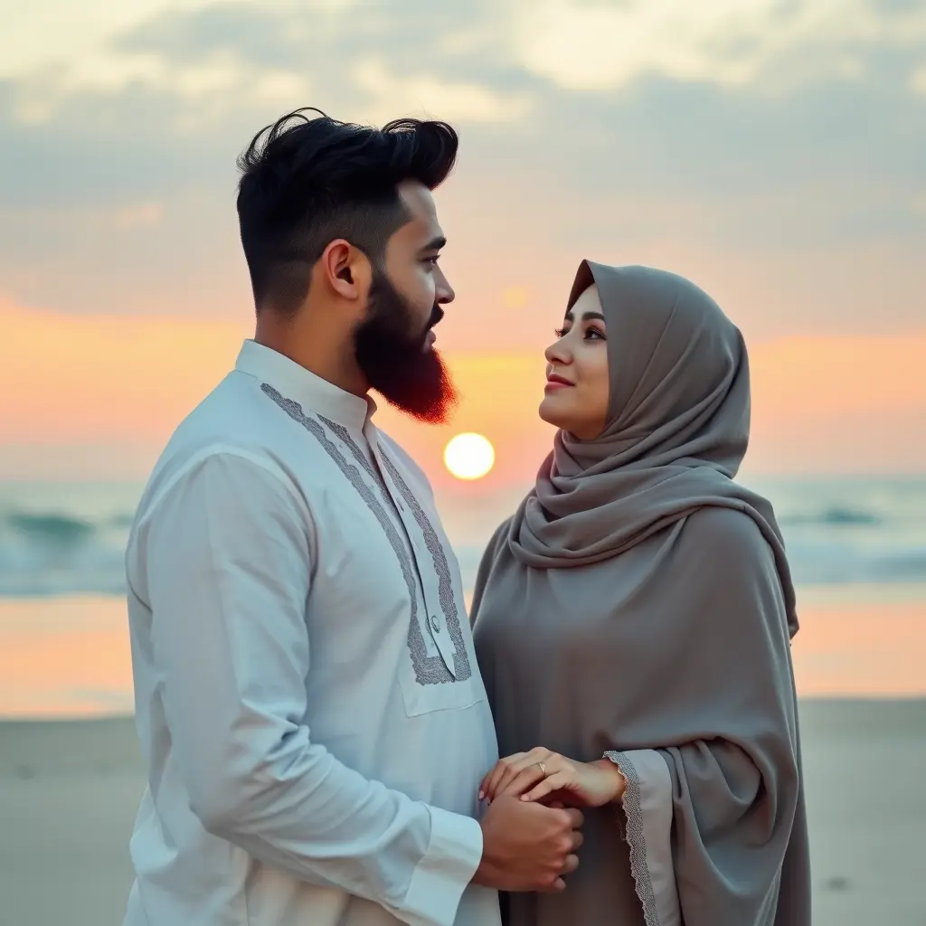 صورة زوجين على شاطئ البحر ، حيث الزوج له لحية يلبس قميص صلاة والزوجة تلبس نقاب يتأملان غروب الشمس و يمسكان يد بعض