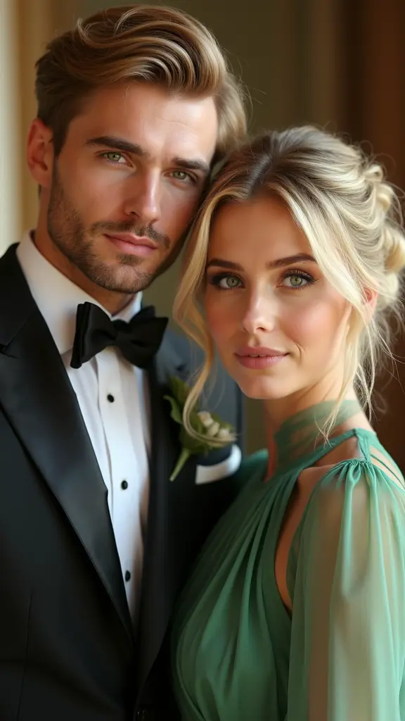 رجل وسيم ملامحه جميلة عيونه خضراء و شعره اشقر و يرتدي ملابس رسمية و بجانبه فتاه جميلة شعرها اشقر و عيونها خضراء ترتدي فستان اخضر و عنقه طويل و مرتفع و اكمامه طويلة و من نوع شيفون و متواجدون في صالة اعراس