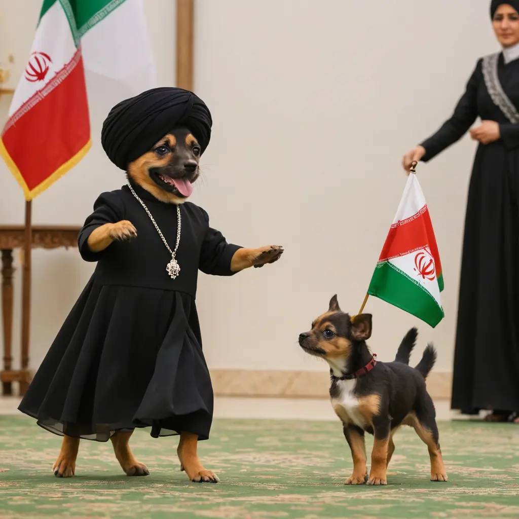 كلب مرتدي عمامه سوداء ولباس اسود وحامل على ذيله علم ايران ويرقص ومعه كلب جرو صغير