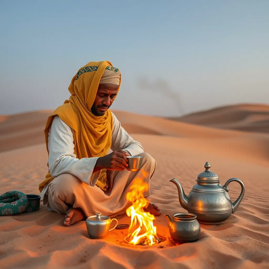 رجل موريتاني في الصحراء يعمل الشاي