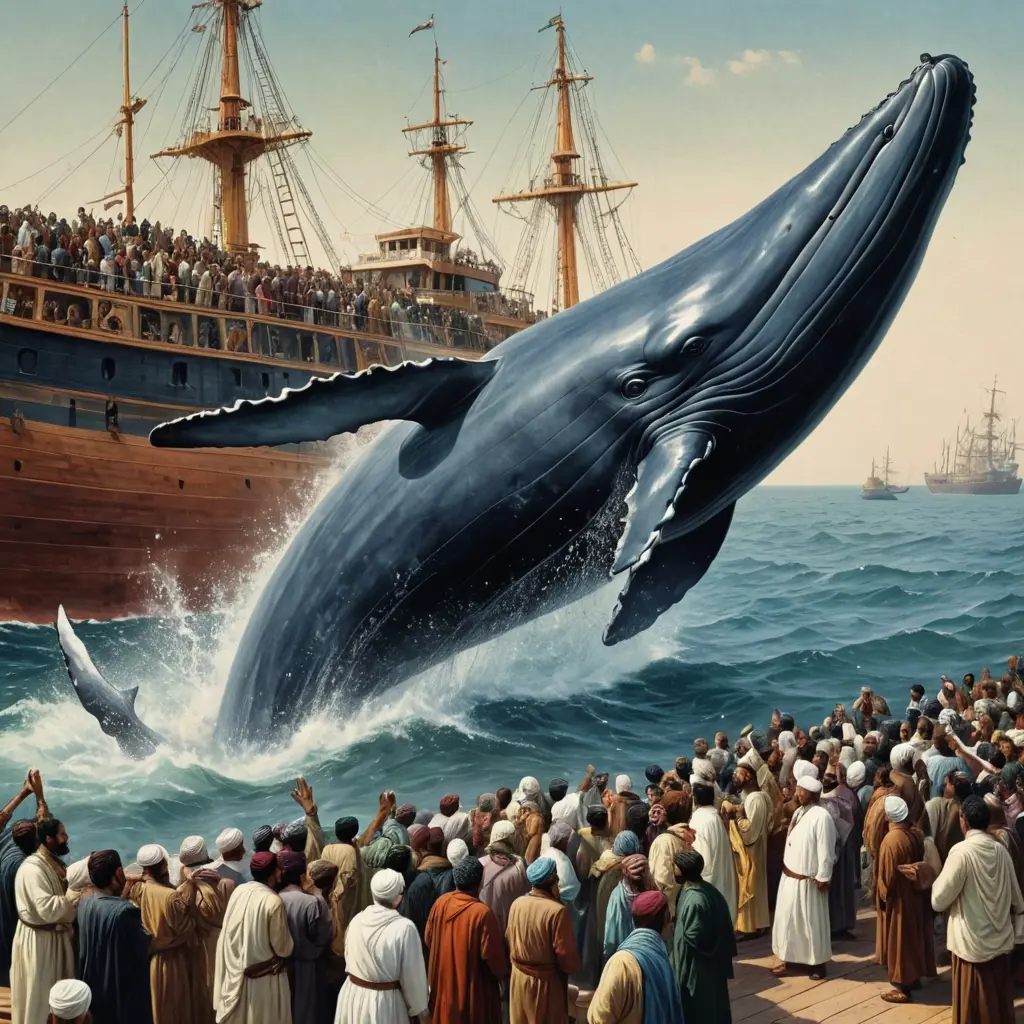 صورة الحوت وهو يبلع سيدنا يونس أثناء وقوعه من السفينة مع مراعاة أن السفينة قديمة في عصر الجاهلية