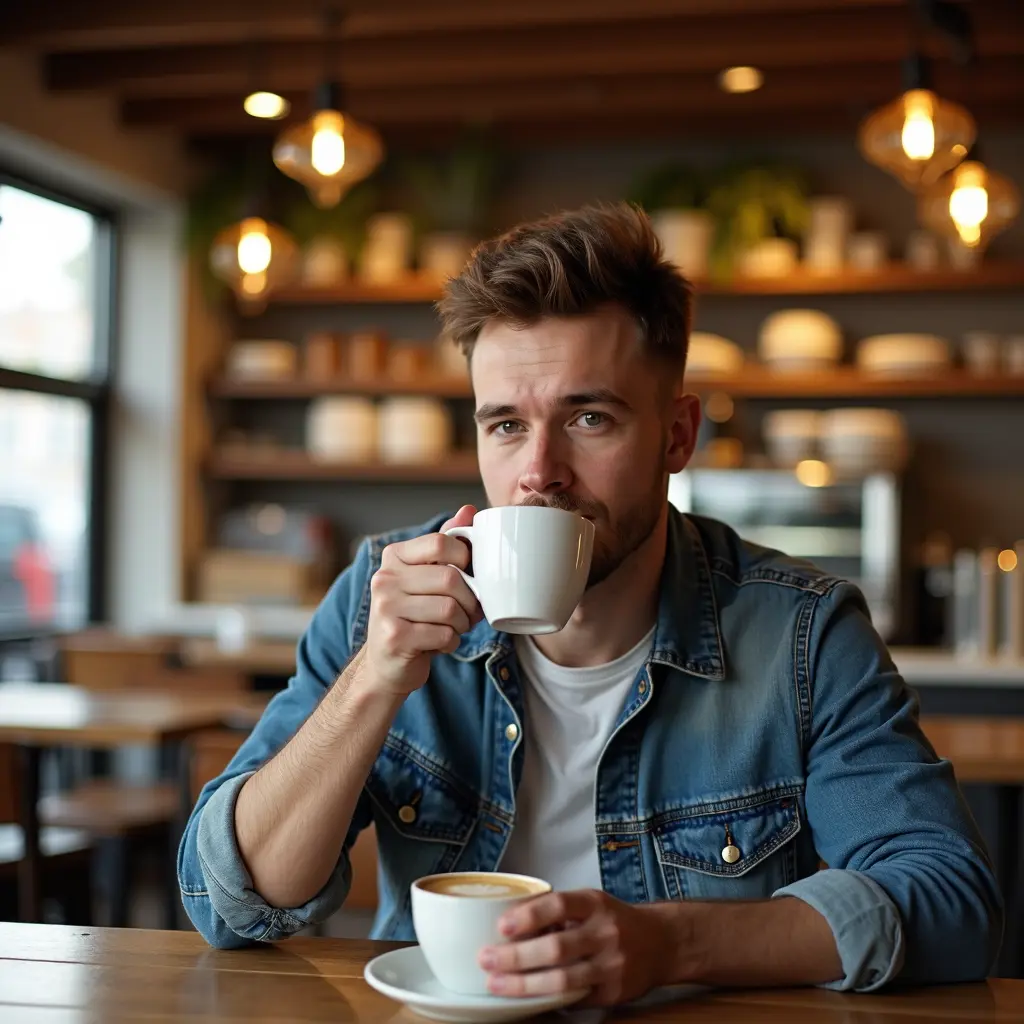 شاب يشرب القهوه في كافية والاجواء ممتعه وخلفة بوفية