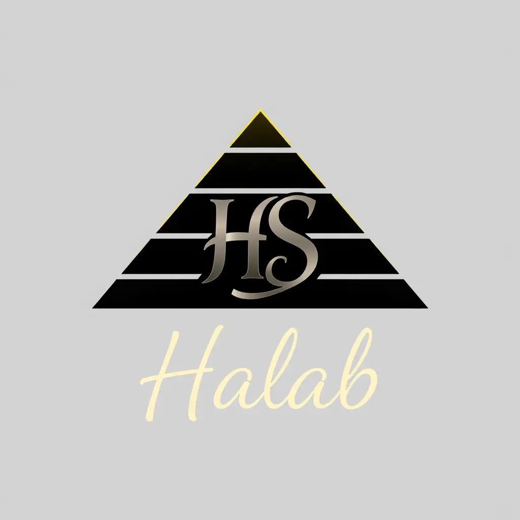لوجو من هرم ويكون خط مائل من الاسفل منفصل عن الهرم ويكون حرفين في وسط الهرم HS بشكل منحنيه ومتصله ومائل بخط رفيع للاحرف الالوان الاسود الداكن والفضي الداكن والاصفر الداكن تكون كلمة Halab متصلة ومنحنيه اسفل الهرم و يكون حجم الخط رفيع
يكون ثلاثي الابعاد بشكل فخم