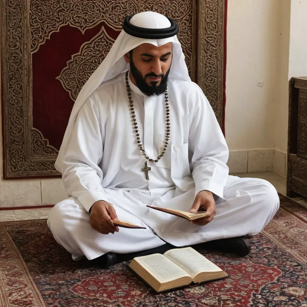 شيخ يقرا القران وهو لابس جلبية بيضاء وطقية بيضاء ومعه سبحة