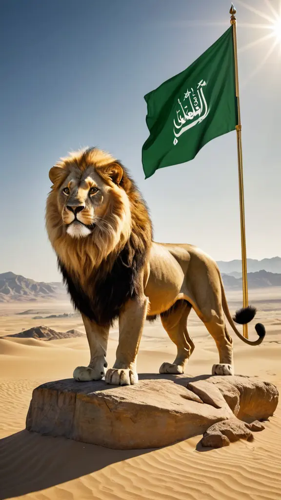 رسم تفصيلي لأسد ذهبي بملمس معدني متوهج، واقف بثقة على قمة صخور ملساء في وسط صحراء واسعة، يمسك بمخالبه على علم المملكة العربية السعودية. الأسد يظهر في وضعية قوة، مع عضلاته البارزة، وفروه المصقول يعكس ضوء الشمس. العلم الأخضر يرفرف بخفة في الرياح الصحراوية، ويظهر بوضوح الشهادة الإسلامية (لا إله إلا الله محمد رسول الله) والسيف الأبيض، مع دقة في تفاصيل الخط العربي. الخلفية تُظهر منظرًا طبيعيًا صحراويًا ممتدًا، مع جبال بعيدة وأرضية مغطاة بطبقة من الرمال والصخور. الإضاءة في الصورة قوية ولكنها ناعمة، تبرز بريق الذهب وتضفي إحساسًا بالرهبة والفخر. الصورة تجسد القوة والسيادة برمزية قوية للأسد والعلم.