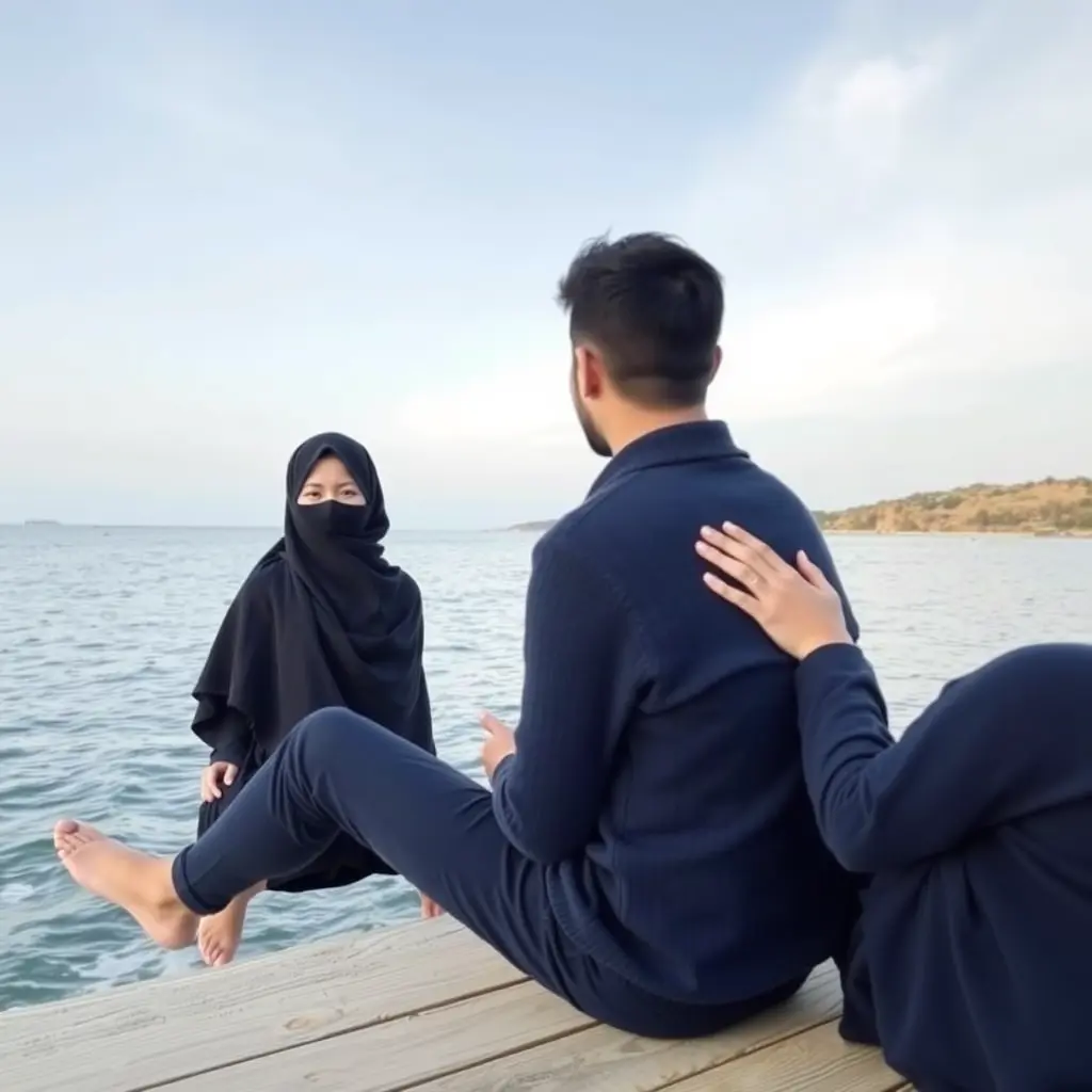 بنت منقبة نقاب لون كحلي قاعدة مع خطيبها على البحر صورة عفوية وعوي لابس كحلي وحاطط ايدو على كتفها ولابس بنطلون وكنزة واسود وكحلي وهيي منها مبينة والصورة من ورا ضهرهن والبنت مغطية وجهها بالنقاب اسود