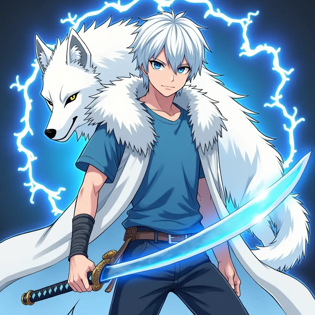 شخصية انمي شاب بعيون زرقاء وشعر أبيض بجسم رياضي ومعه ذئب أبيض لديه سبع ذيول والشاب يرتدي ملابس من الفرو الابيض وحول جسمه كله هالة طاقة كهربائية زرقاء اللون والذئب حيوان روحي والشاب يرتدي تيشيرت ازرق ساده تحت معتف الفرو الابيض وفي يده سيف كتانا ياباني نصله أزرق لامع وعينه مثل عيون الذئاب مشقوق بطول مثل عيون القطط وسوار تدريب رمادي غامق وبنطلون جينز اسود وشعره طويل قليلا ليس طويل جدا