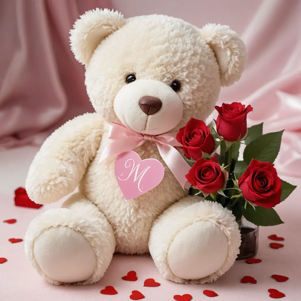*وصف الصورة:*- *دبدوب*: دبدوب لطيف بلونين الزهري والأبيض، يجلس بشكل مريح مع ابتسامة دافئة.
- *وردة حمراء*: وردة حمراء جميلة تُمسك بها يد الدبدوب أو موضوعة بجواره.
- *قارورة عطر*: قارورة عطر أنيقة بجانب الدبدوب، تعكس الفخامة والرقي.
- *قلوب*: قلوب حمراء وزهرية صغيرة تنتشر في خلفية الصورة بشكل عشوائي ورومانسي.
- *نجوم*: نجوم صغيرة لامعة منتشرة في الخلفية، تُضفي لمسة من السحر والتألق على الصورة.
- *اسم منال*: اسم منال" مكتوب بأسلوب فني وأنيق على وسادة بجانب الدبدوب أو على بطاقة صغيرة ملحقة بالوردة.
- *حرفا M*: الحرفان "M" مكتوبان بأسلوب أنيق في زاوية الصورة، ربما مرسومان داخل قلب أو على قارورة العطر.