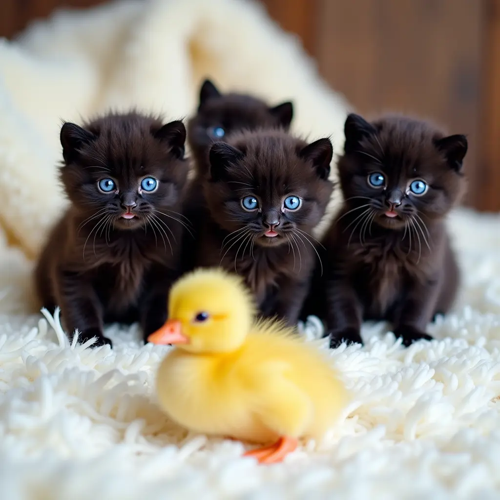 4 قطط صغيرة سوداء اللون تجلس على سجادة بيضاء ، عيون القطط زرقاء ملونة . في المقدمة يوجد بطة صغيرة صفراء اللون .