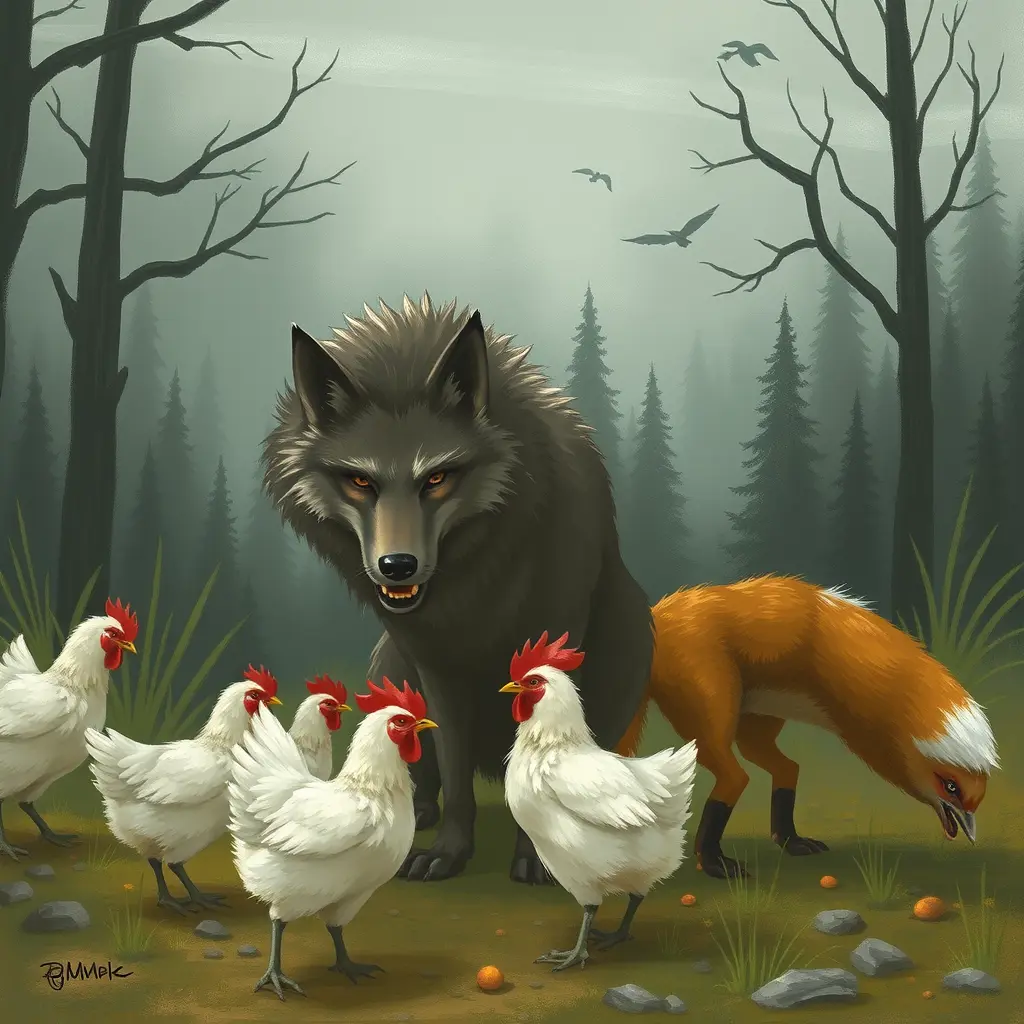 الذئب يأكل مع الثعلب بعض الدجاج