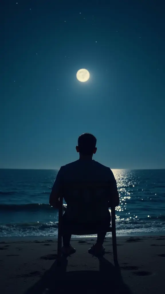 رجل جالس على كرسي معى البحر في الليل السماء فيها قمر ونجوم