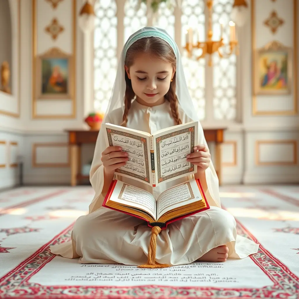 فتاة. جميلة تحمل المصحف الكريم و تدعو الله وتجلس على شهادة في غرفة جميلة كأنها حقيقية وتلبس طقم الصلاة