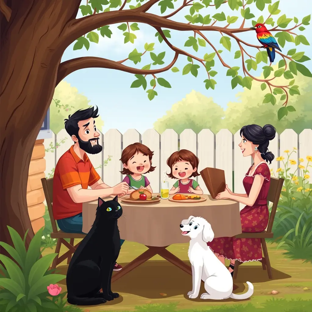 أريد صورة فيها عائلة رجل و امرأة و ٣ أطفال يأكلون في حديقة المنزل و يوجد شجرة عليها طائر ملون و يوجد تحت الشجرة قطة سوداء كبيرة و جانب العائلة يجلس كلب أبيض صغير أريد ان تيدو الصورة واقعية و ليست كرتونية