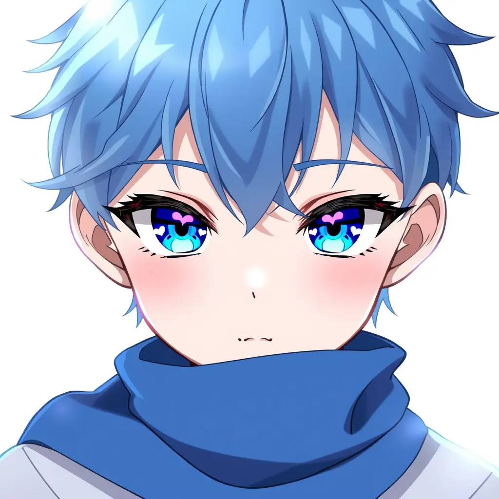 ولد انمي شعره الازرق والعيون الازرق العيون فيها القلوب البؤبؤ