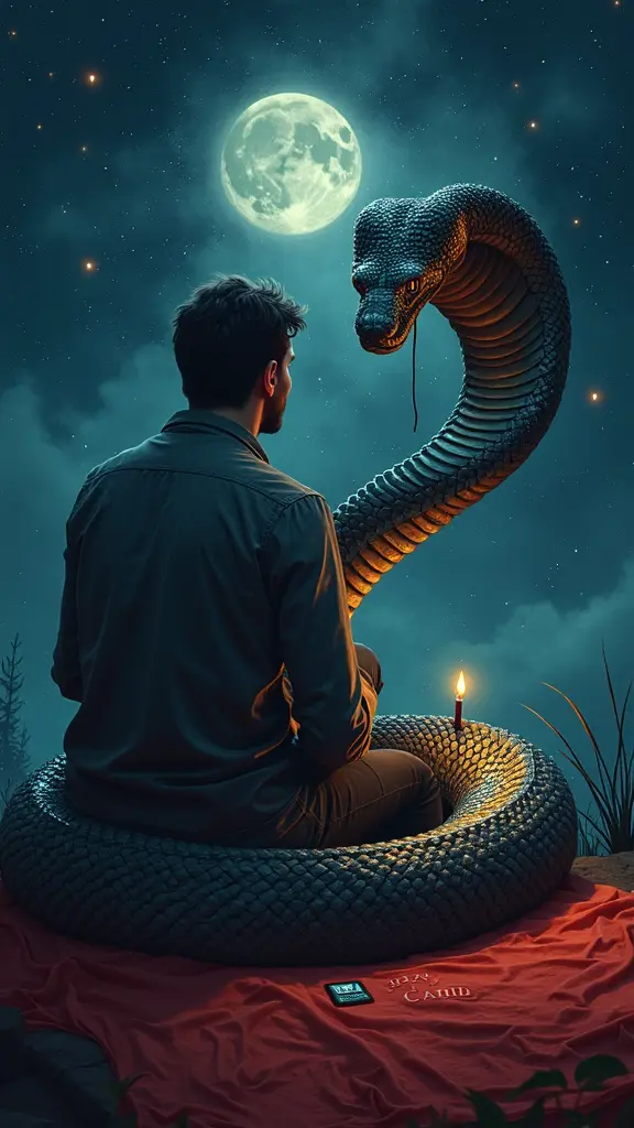 A cobra snake wraps around a playing card located on the background of a man sitting in the dark. The man's back appears with the word red card next to the snake under a starlit sky. The snake's scales shimmer in the moonlight, casting a mystical and otherworldly glow. Rendered in a digital painting style with rich, vibrant colors and detailed textures.