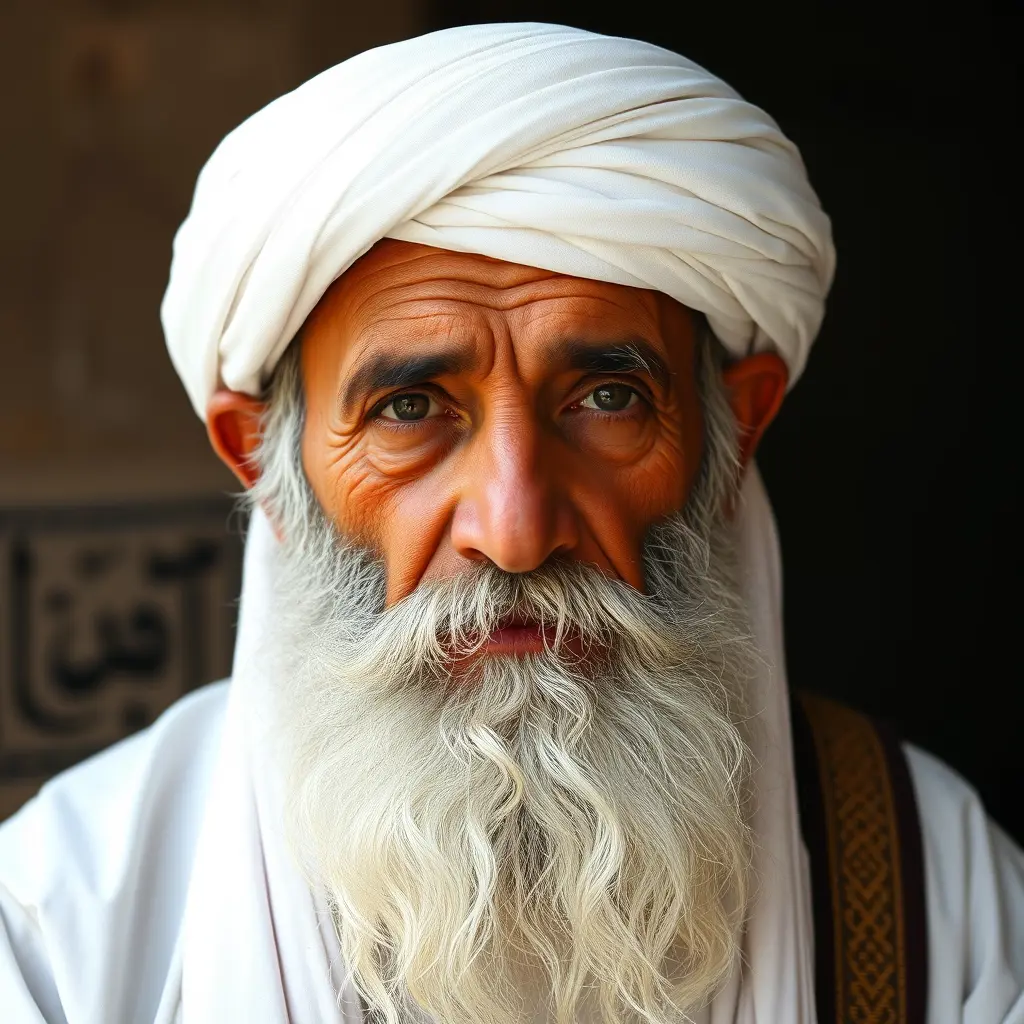 صورة لشيخ كبير ذو لحية بيضاء طويله ويرتدي ملابس بيضاء وعمامة بيضاء ، لباسه من زمن الدولة الفاطمية بمصر .
