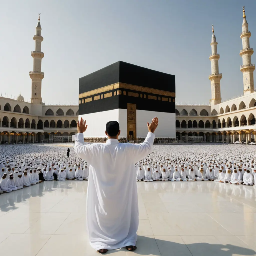 رجل حاج واقف أمام الكعبة المشرفة، يرفع يديه بالدعاء بخشوع، يرتدي ملابس الإحرام البيضاء، وتبدو الكعبة بوضوح في الخلفية بكسوتها السوداء المطرزة بالذهب. الأجواء روحانية ومضيئة بنور طبيعي ناعم. في السماء، تمر طائرة حديثة على ارتفاع متوسط، تظهر بوضوح خلف الكعبة، لتعبر عن الربط بين الرحلة الروحية والطابع السياحي. التصميم متناغم يجمع بين القداسة والسفر، مع ألوان هادئة وخلفية تظهر المسجد الحرام ممتلئًا جزئيًا بالحجاج.