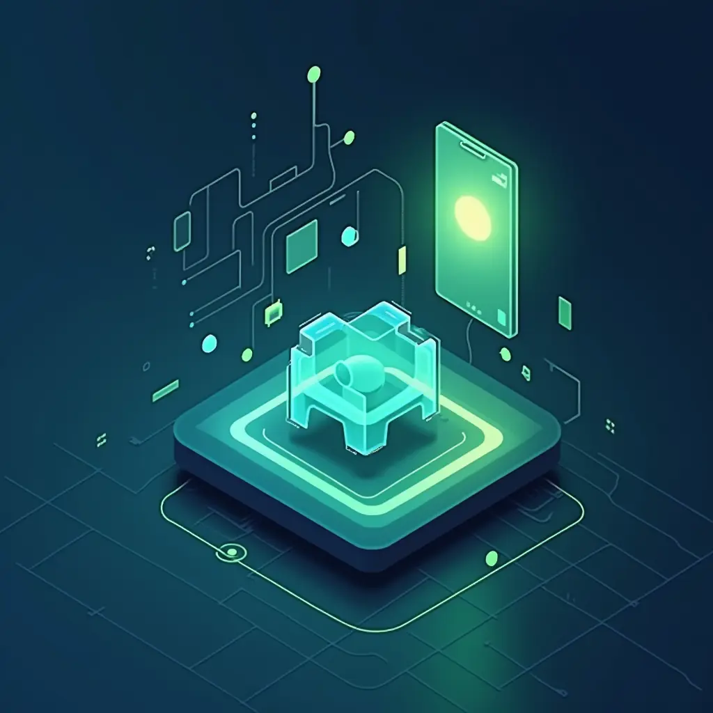 واجهة بسيطة لشركة هندسية ناشئة، رسم هندسي، زجاج وحديد، بألوان زرقاء وخضراء