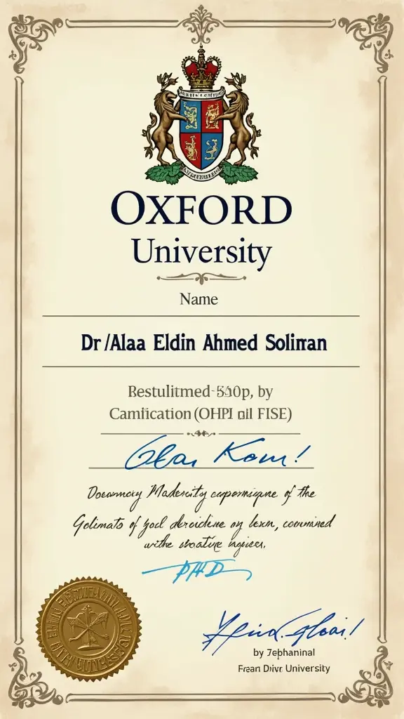 PHD certificate from oxford university with name DR/Alaa Eldin Ahmed Soliman and has gold stamp
