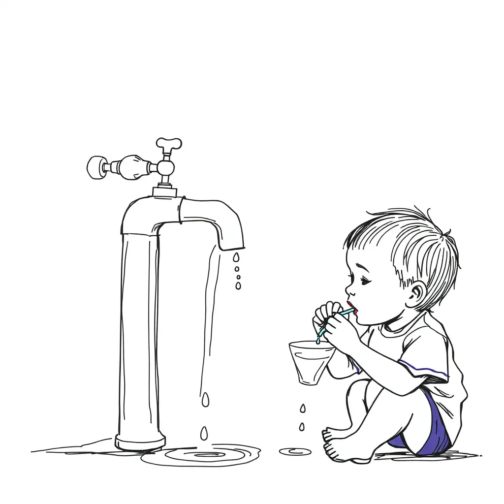 صنبور مياه وطفل يشرب منها على شكل رسم