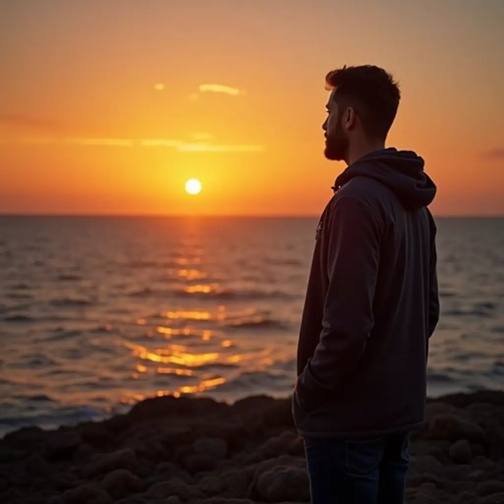 صور رجل ينضر الى البحر مع غروب. الشمس
