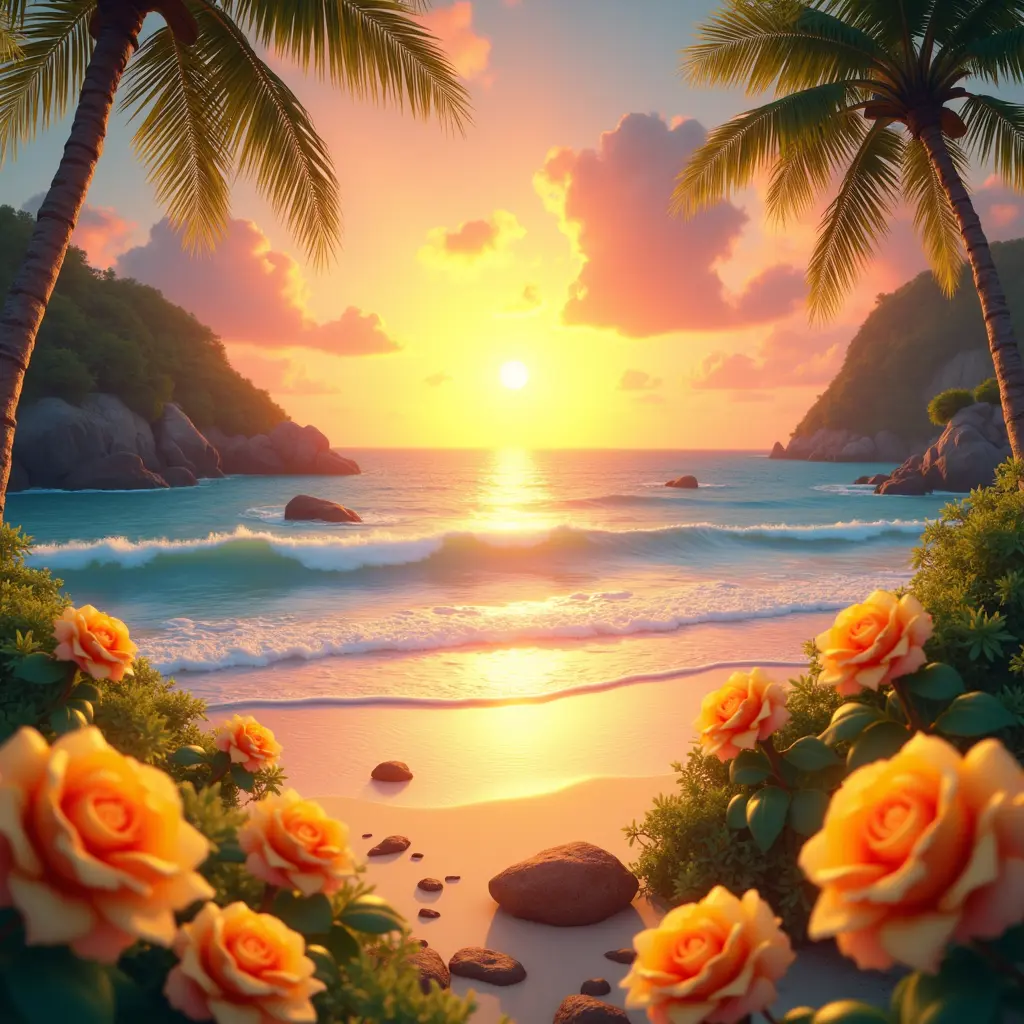 beautiful sunny carribean beach ethereal glow with yellow roses anime cartoon style with a beautiful colorful sunset, ultra hd, realistic, vivid colors, highly detailed, UHD drawing, pen and ink, perfect composition, beautiful detailed intricate insanely detailed octane render trending on artstation, 8k artistic photography, photorealistic concept art, soft natural volumetric cinematic perfect light
