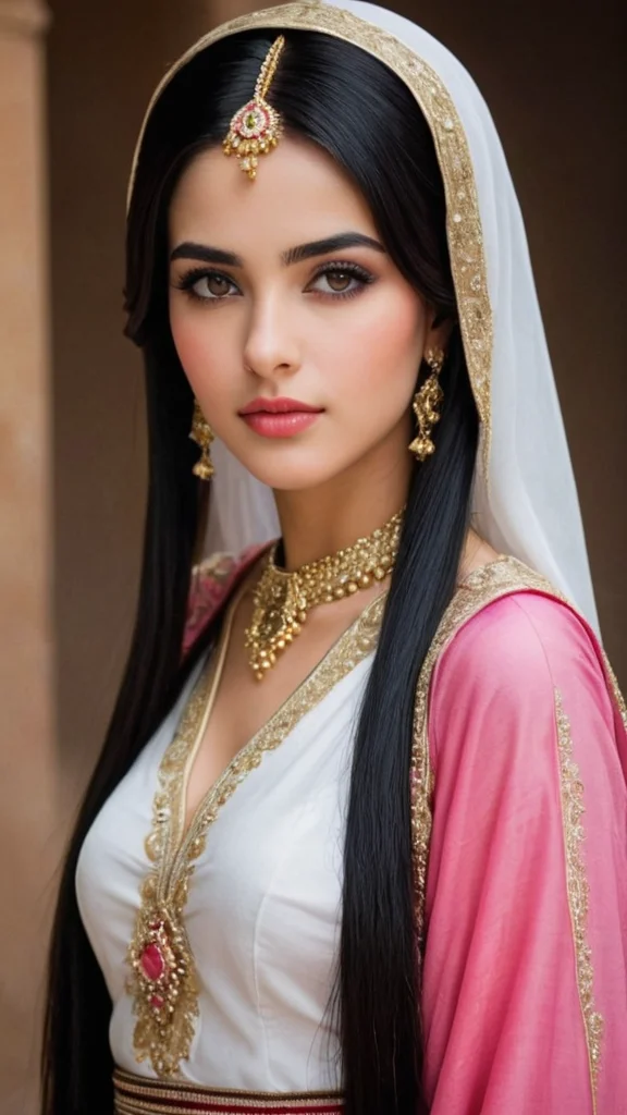 فتاة جميلة للغاية جدآ لديها حواجب كثيفة وقوية لونها سوداء وعيناها كبيرتان للغاية و سوداواتان و واسعة عيناها للغاية و مسحوبة للغاية عيناها لديها شعر اسود كثيف و طويل و وبشرتها بيضاء جدآ وشفاة ممتلئة لونها وردي و انفها حاد وصغير كالسيف و عظام رقبتها بارزة للغاية وترتدي فستان عربي طويل و وجها ناعم و ملامحها خليط بين الملامح الطفولية و البارزة و الناعمة وخصرها حاد وجذابة للغاية