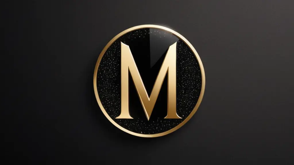 شعار ماركة أزياء بحرف M منمق، لامع، لامع، لامع، مصنوع بألوان الذهبي والأسود، حاد، عصري، فاخر