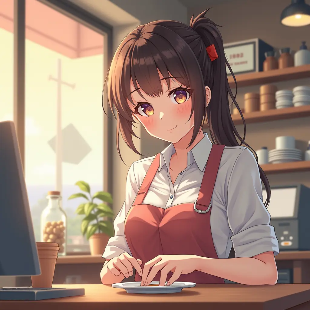 فتاة انمي تعمل في مقهى