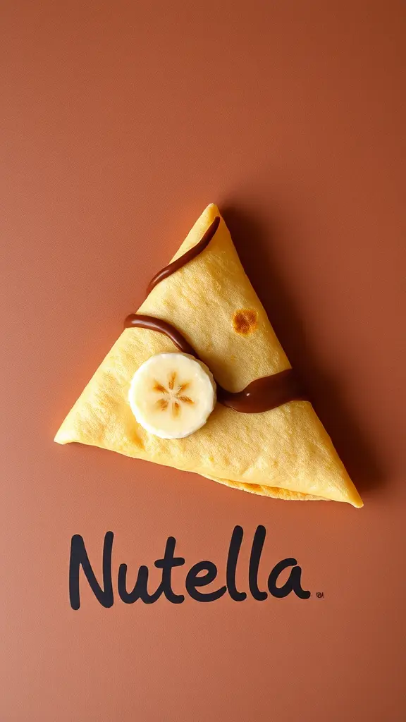 صورة لكريب النوتيلا مع الموز شكله مثلث وخلفية بنية بلون نوتيلا ومكتوب فيها كلمة. Nutella بخط عريض