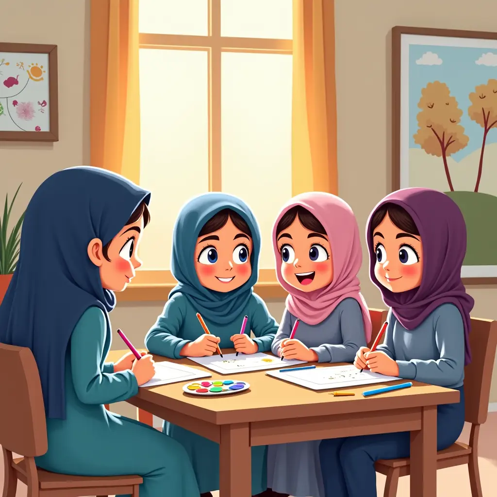 صورة كرتونية لمجموعة طالبات في الابتدائية المدارس السعودية في غرفة الرسم يتحدثن مع المعلمة
