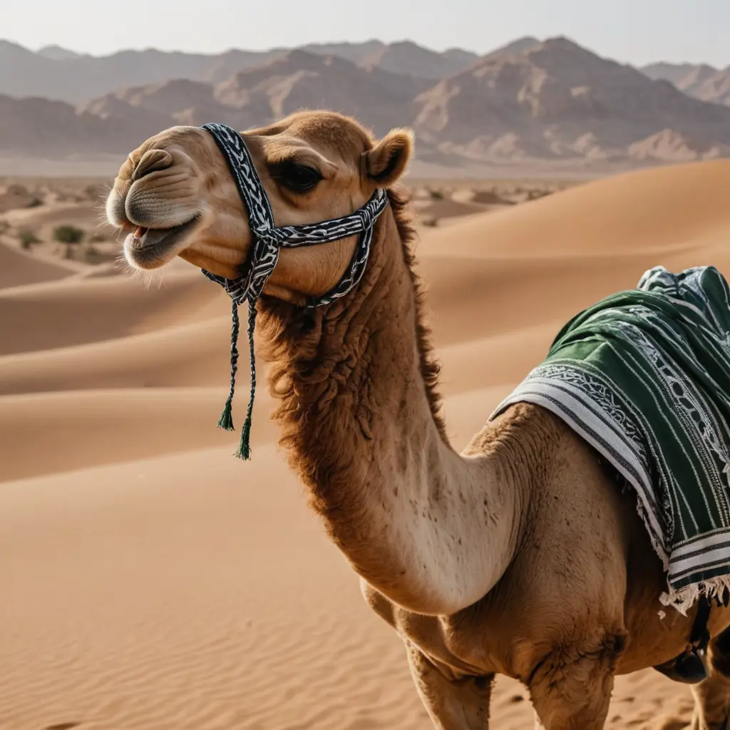 جمل في الصحراء لابس شماغ