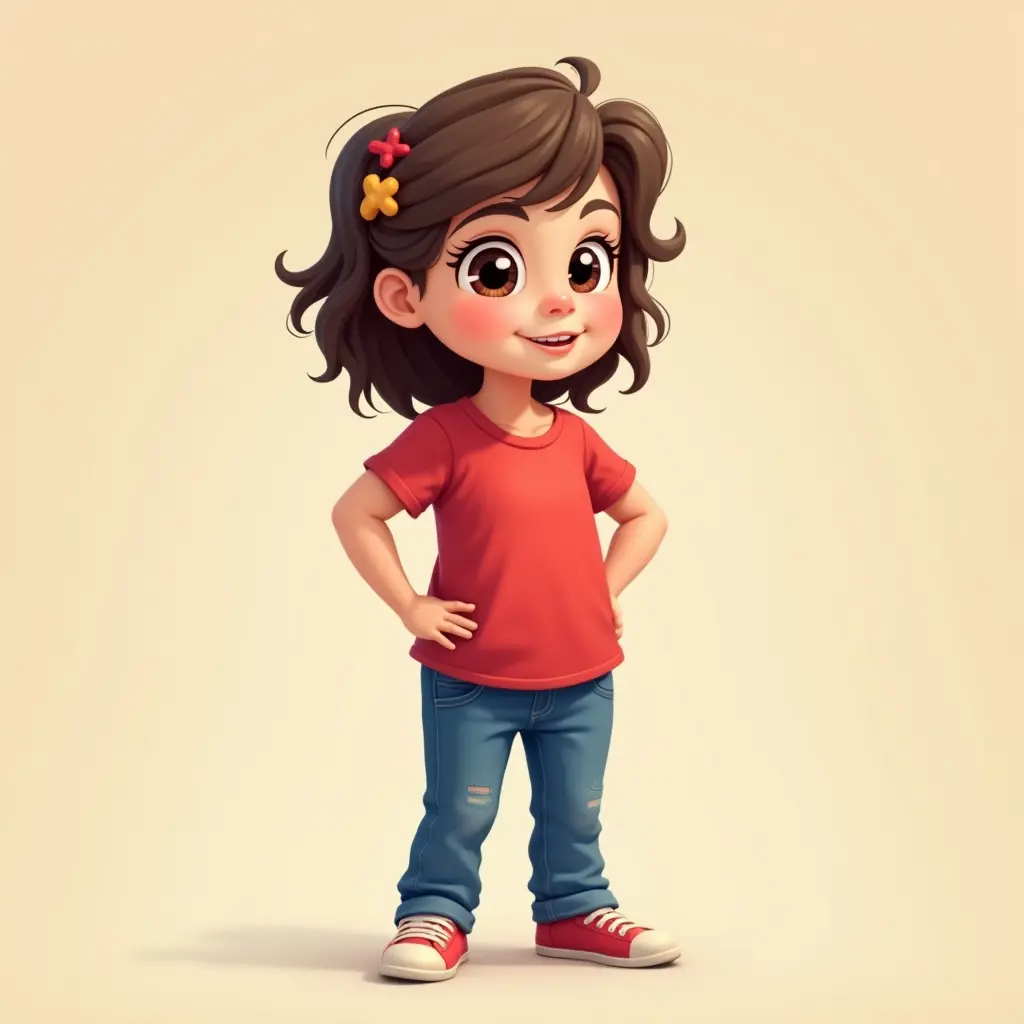 طفله رضيعه كرتون واقفه على قدميها ترتدي قميص رياضي احمر وسروال جينز طويل