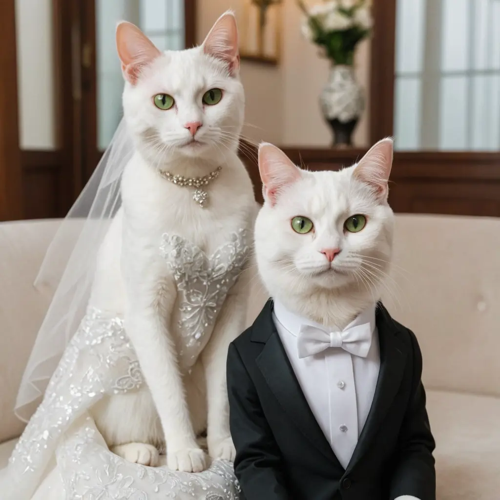 قطه بيضاء عيونها خضراء ترتدي فستان زفاف ابيض ويجلس بجانبها في الكوشه قط يرتدي بدله سوداء